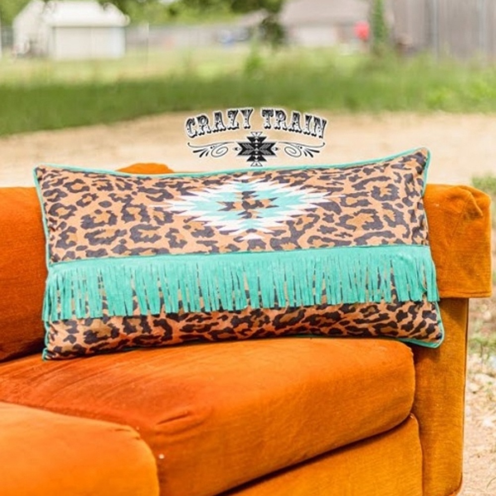 Leopard Mint fringe axtec pillow